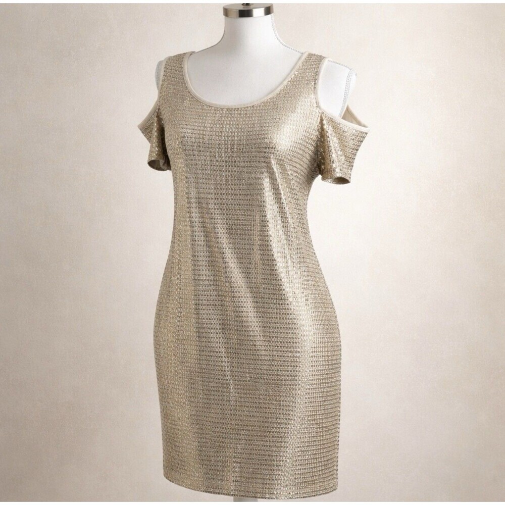 $149 Chico's Gold Sequins Cold Shoulder Knit Sheath Dress Size 1 Med Petite - Picture 2 of 7